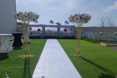 Verres de cocktails colorés garnis de fruits et de feuilles, disposés sur une table lors d'un événement en extérieur.