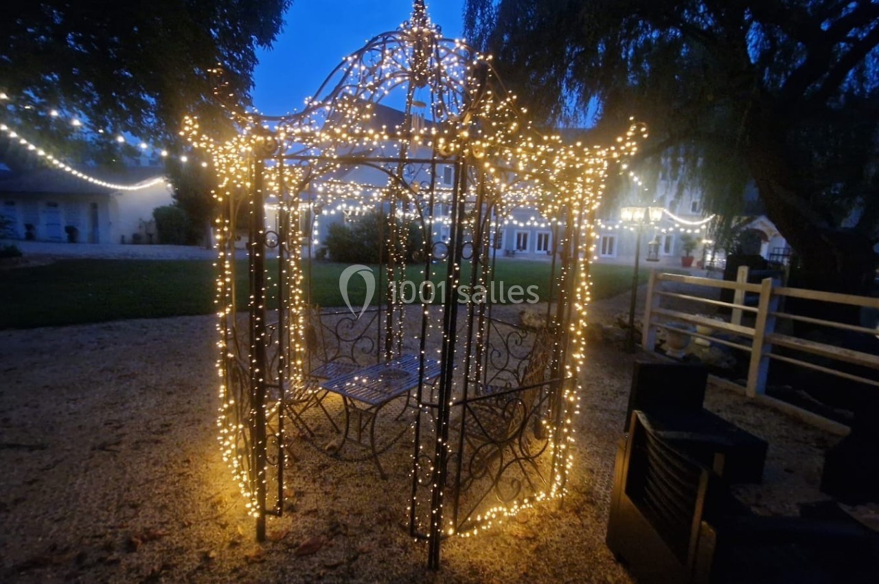 Structure métallique décorative illuminée par des guirlandes lumineuses dans un jardin au crépuscule.