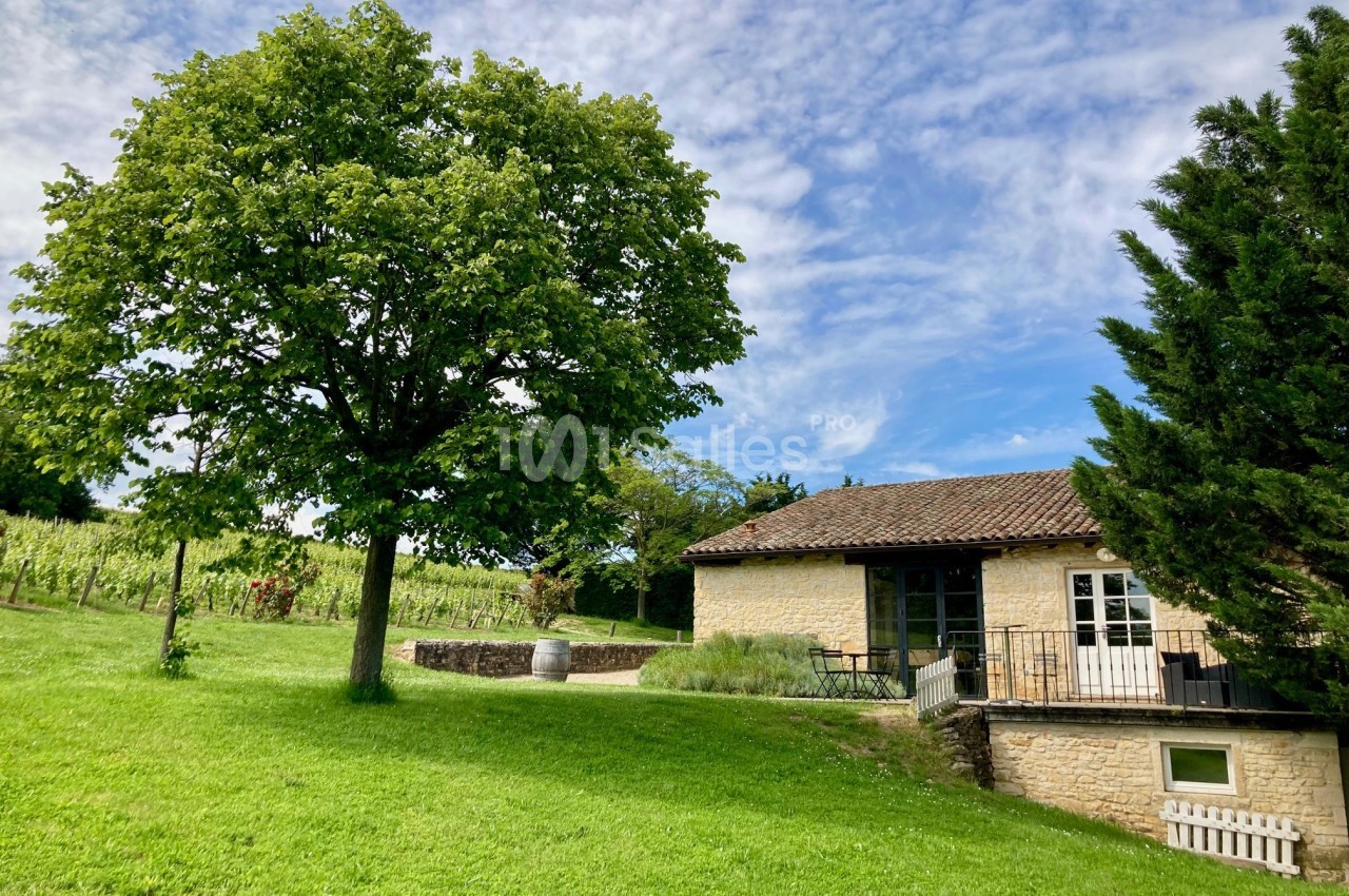 Maison en pierre avec toit en tuiles, entourée de verdure, d'un arbre et de vignes sous un ciel partiellement nuageux.