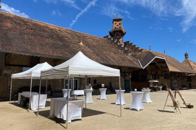 Miniature Location salle Chaumes-en-Brie (Seine-et-Marne) - La Ferme de Forest #32 Un groupe de femmes, dont une en robe blanche, marche sur une pelouse devant un bâtiment en pierre et bois.