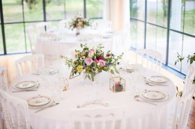 Miniature Location salle Fontains (Seine-et-Marne) - Château de Bourguignon #12 Vue nocturne d'une verrière illuminée par des lumières violettes, entourée d'arbres et d'un jardin.