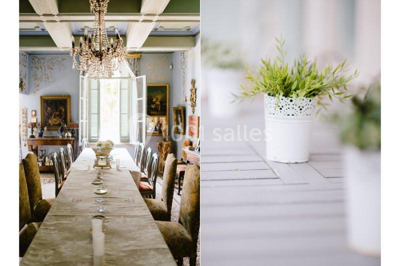 Salle à manger élégante avec une longue table dressée et un lustre, accompagnée d'un gros plan de plante en pot.