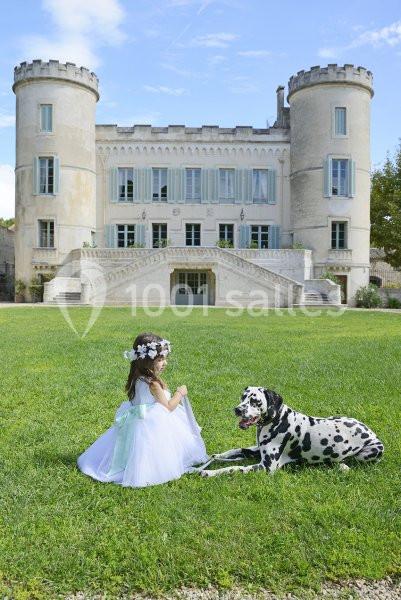 Une fillette en robe blanche et couronne de fleurs est assise sur une pelouse près d'un dalmatien, devant un château.
