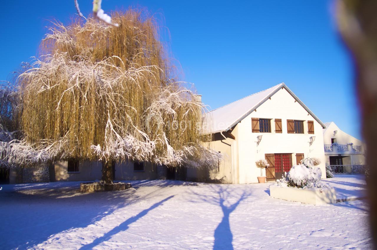 Maison avec façade claire et toit enneigé, entourée d'un saule givré et d'un jardin couvert de neige sous un ciel bleu.