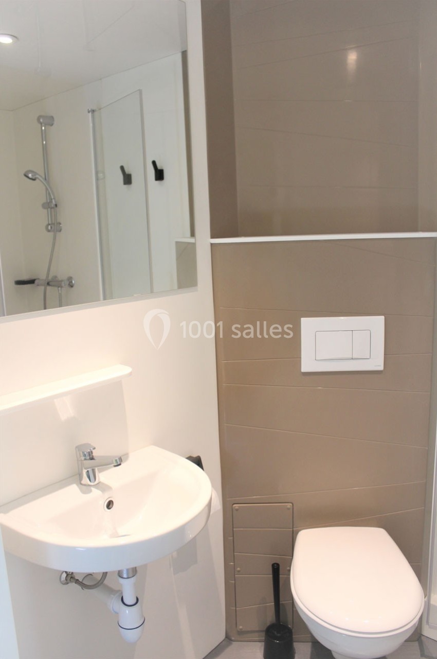 Salle de bain moderne avec lavabo, miroir, toilettes suspendues et douche en arrière-plan.