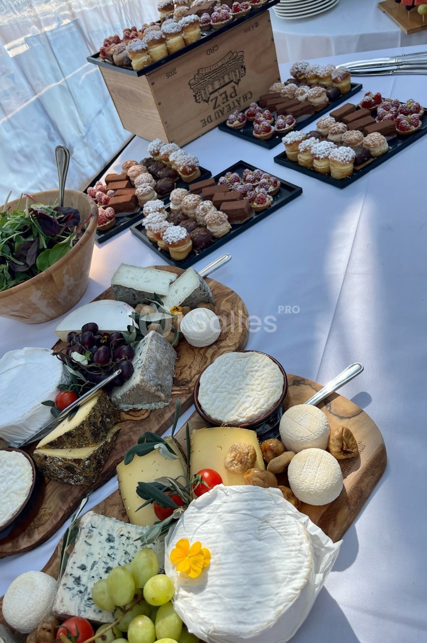 Plateau de fromages variés avec fruits et pains, accompagné de desserts individuels sur une table dressée en extérieur.