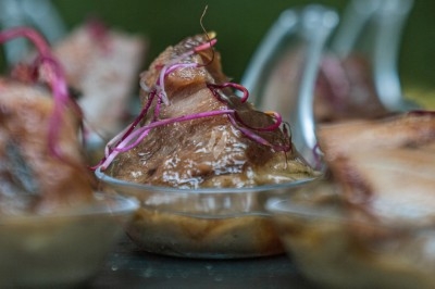 Miniature Traiteur Montblanc (Hérault) - Traiteur Lallemand #49 Portion de viande braisée servie dans une petite coupelle, garnie de pousses rouges.