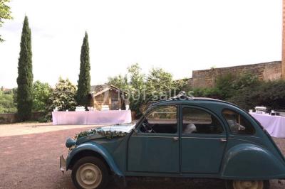 Miniature Location salle Pouilly-le-Monial (Rhône) - Domaine des Coteaux d'Or #32 Montgolfière verte posée sur un chemin de terre entouré de végétation sous un ciel nuageux.