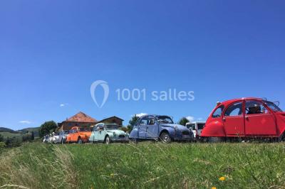 Miniature Location salle Pouilly-le-Monial (Rhône) - Domaine des Coteaux d'Or #30 Montgolfière verte posée sur un chemin de terre entouré de végétation sous un ciel nuageux.
