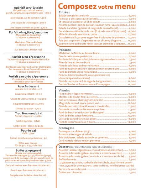 Carte de menu d'un restaurant avec des options d'entrées, plats, desserts, boissons et formules détaillées.