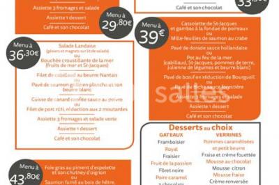 Carte de menu d'un restaurant avec des options d'entrées, plats, desserts, boissons et formules détaillées.