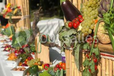 Boule croustillante sur lit de salade, garnie d'une framboise et décorée de sauce rouge sur assiette blanche.