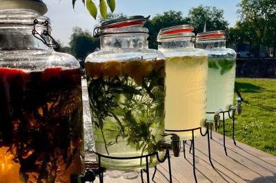 Boule croustillante sur lit de salade, garnie d'une framboise et décorée de sauce rouge sur assiette blanche.