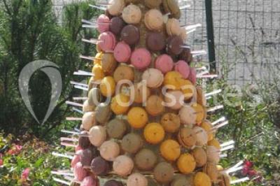 Miniature Traiteur Lezoux (Puy-de-Dôme) - Deneuville Traiteur #24 Pyramide de macarons colorés surmontée de figurines de mariés, présentée sur une table rouge en extérieur.