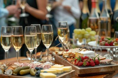 Un serveur portant un plateau avec des flûtes de champagne lors d'un événement en extérieur sous des arbres.