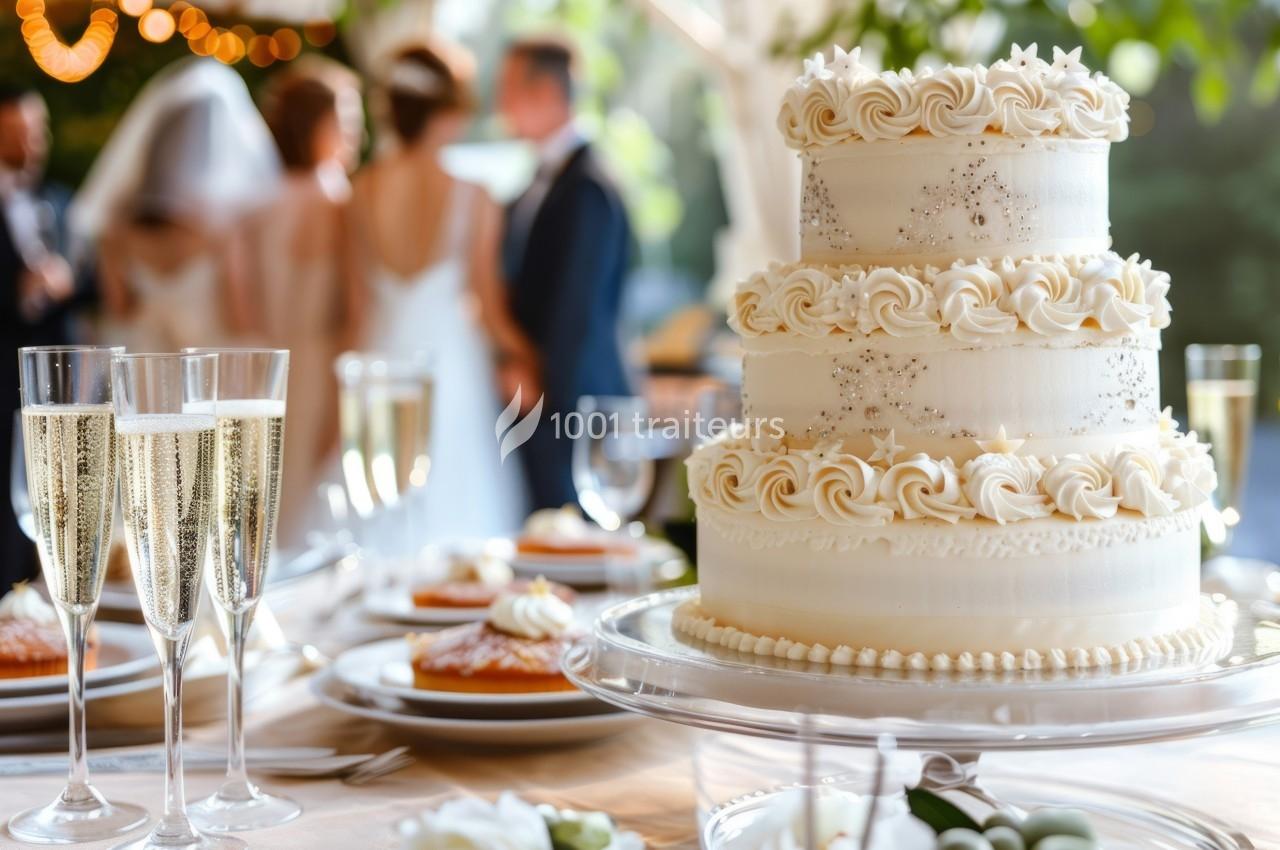 Gros plan sur un gâteau de mariage à trois étages décoré de crème et étoiles, entouré de flûtes de champagne.