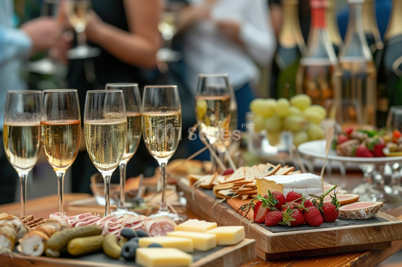 Table garnie de coupes de champagne, fromages, fruits, charcuteries et amuse-bouches lors d'un événement festif.