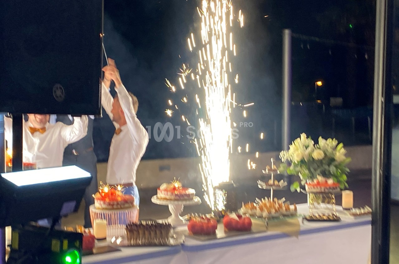 Un buffet décoré avec des desserts et des fleurs, accompagné d'une fontaine lumineuse en arrière-plan.