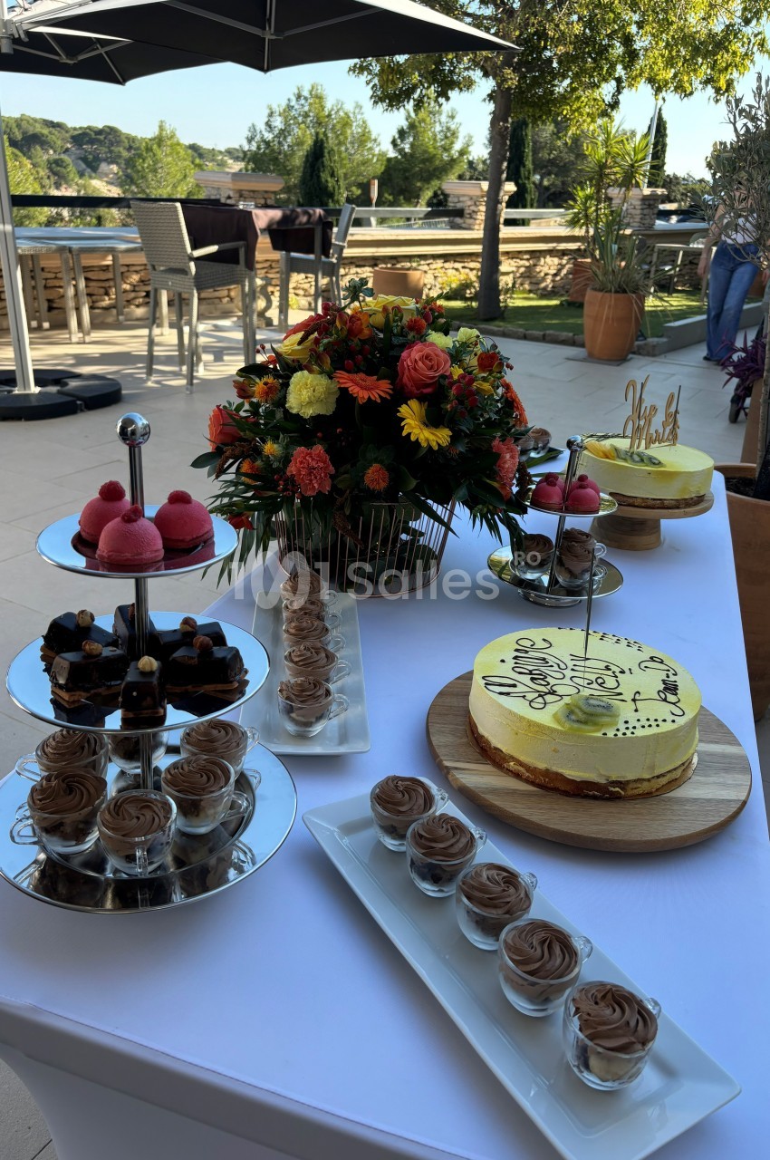 Table dressée en extérieur avec desserts variés, gâteau décoré, fleurs colorées et vue sur terrasse arborée.