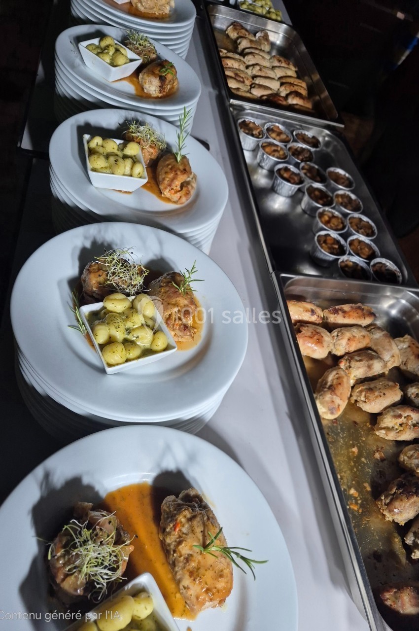 Assiettes de plats cuisinés avec viande, pommes de terre et sauce, disposées sur une table de buffet.