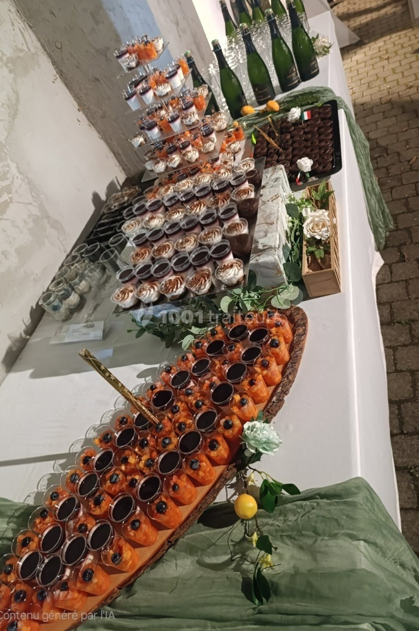 Table de buffet avec verrines sucrées, bouteilles de champagne et décorations végétales sur une nappe blanche.