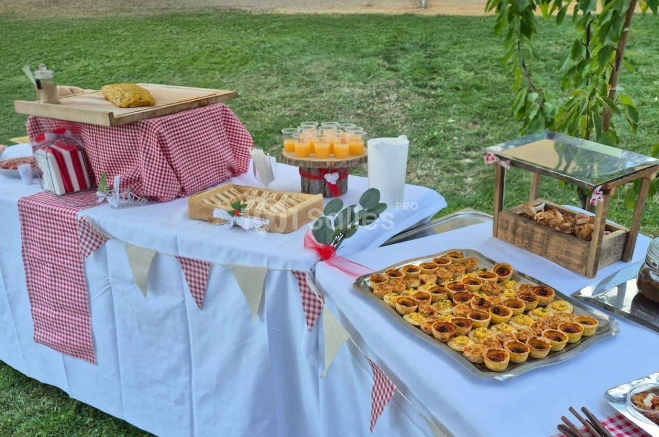 Buffet d'anniversaire en extérieur avec nappes blanches, plats variés, boissons et décor champêtre.