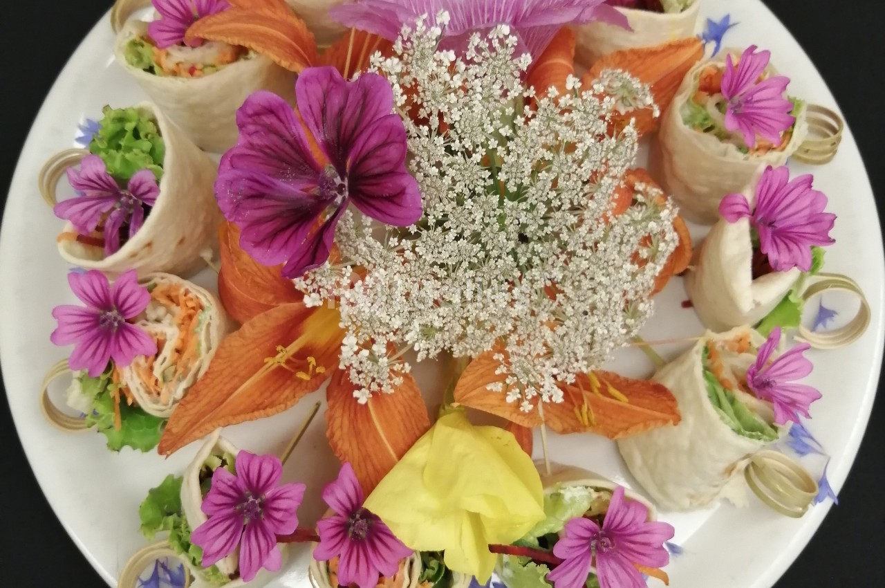 Assiette garnie de wraps colorés entourés de fleurs comestibles et décoratives.