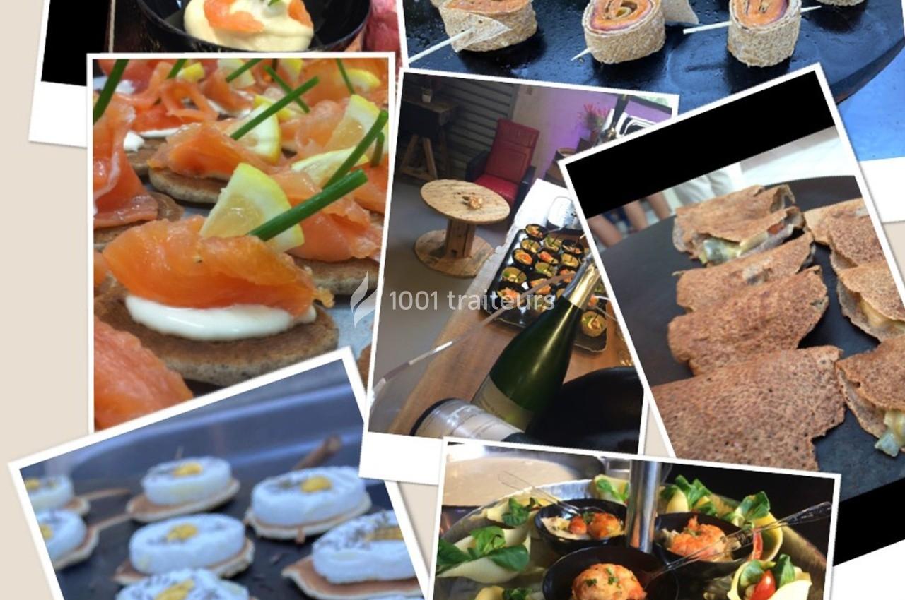 Assortiment de plats variés comprenant crêpes, toasts au saumon, verrines et bouchées apéritives.