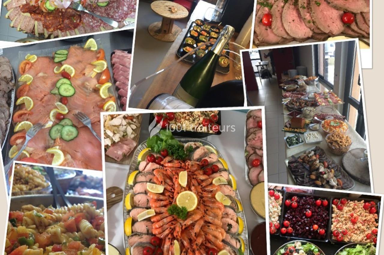 Plateaux de charcuterie, poissons, fruits de mer, salades et desserts présentés pour un buffet varié.