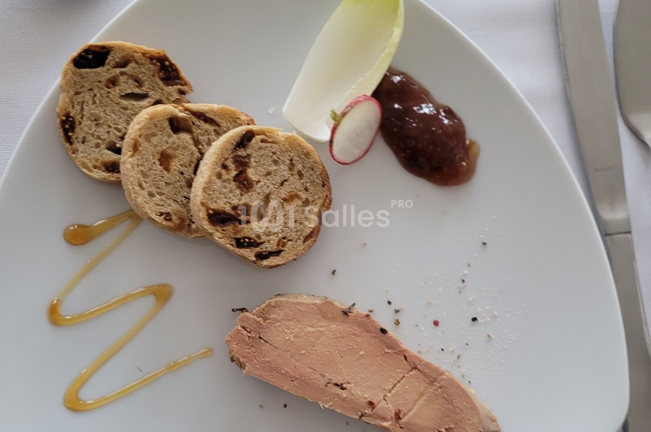 Tranche de foie gras avec pain aux fruits secs, confiture, endive, radis et filet de sauce sur une assiette blanche.
