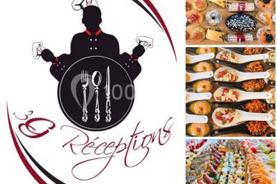 Logo d'un traiteur avec silhouette de chef et couverts, accompagné de photos de bouchées et plats variés colorés.