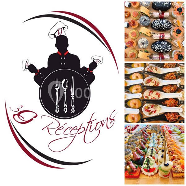 Logo d'un traiteur avec silhouette de chef et couverts, accompagné de photos de bouchées et plats variés colorés.