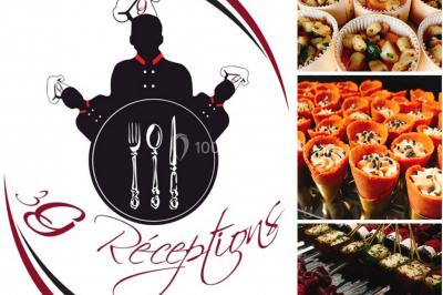 Logo d'un traiteur avec silhouette de chef et couverts, accompagné de photos de bouchées et plats variés colorés.