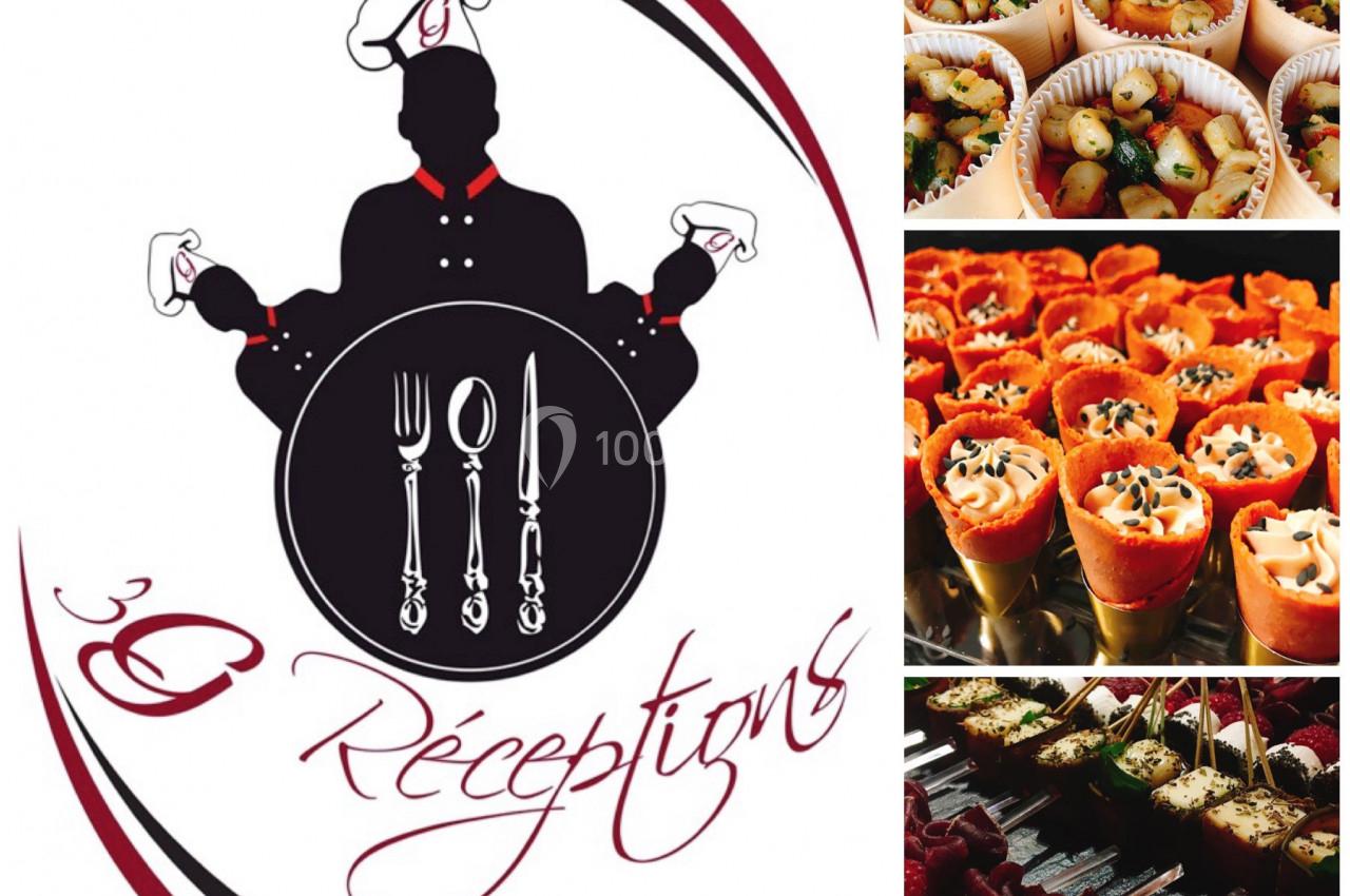 Logo d'un traiteur avec silhouette de chef et couverts, accompagné de photos de bouchées apéritives variées.