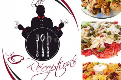 Logo d'un traiteur avec silhouette de chef et couverts, accompagné de photos de bouchées et plats variés colorés.