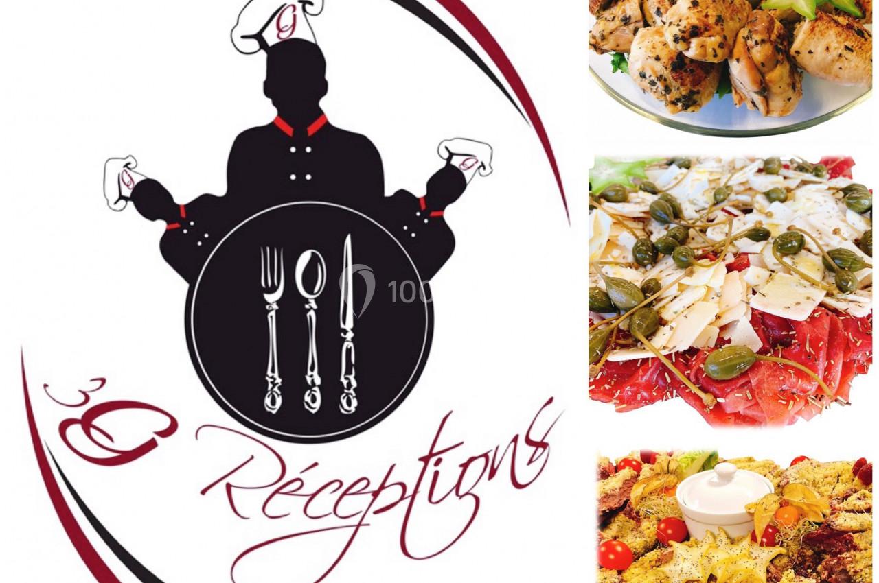 Logo ’3G Réceptions’ avec silhouette de chef et couverts, accompagné de photos de plats variés et colorés.