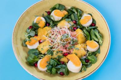 Table garnie de fruits variés et colorés, disposés artistiquement avec des feuilles tropicales en arrière-plan.