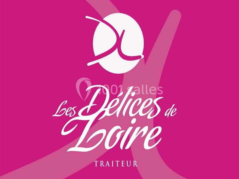 Logo rose et blanc avec le texte ’Les Délices de Loire Traiteur’ et un motif graphique stylisé.