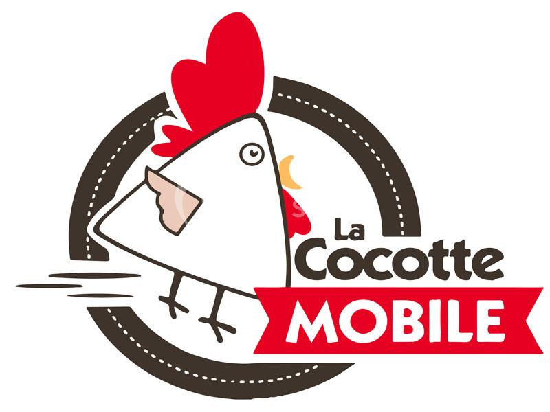 Illustration d'une poule stylisée en mouvement avec le texte ’La Cocotte Mobile’ sur un fond circulaire.
