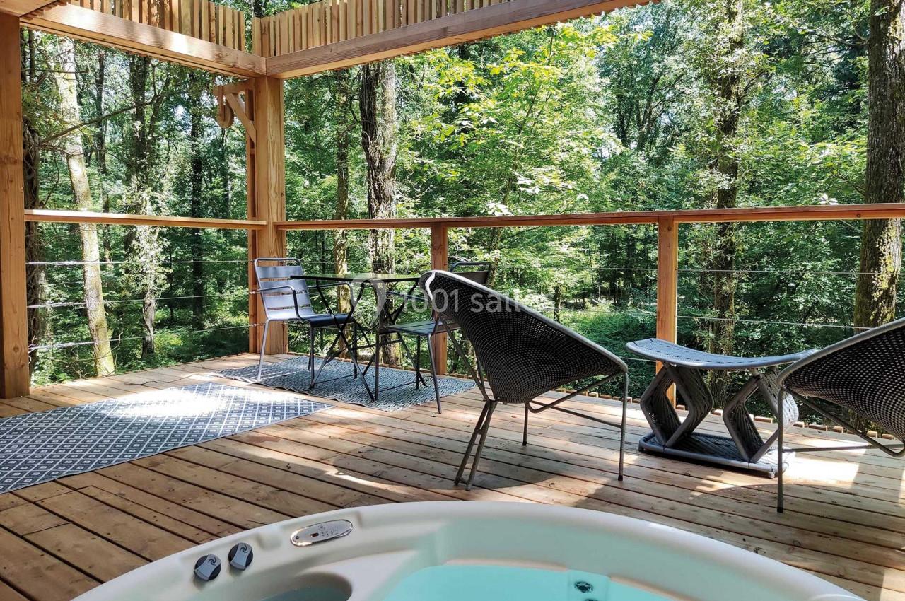 Terrasse en bois avec jacuzzi, mobilier de jardin et vue sur une forêt verdoyante en arrière-plan.