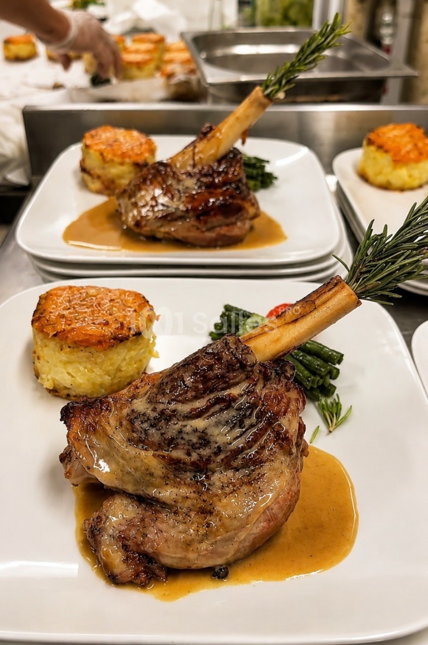 Carré d'agneau grillé nappé de sauce, accompagné de gratin de pommes de terre et haricots verts, servi sur assiette blanche.