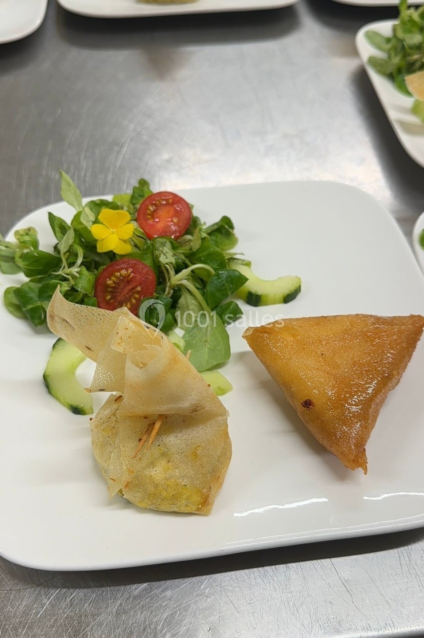 Assiette avec une salade verte, tomates cerises, rondelles de concombre, et deux samoussas dorés.