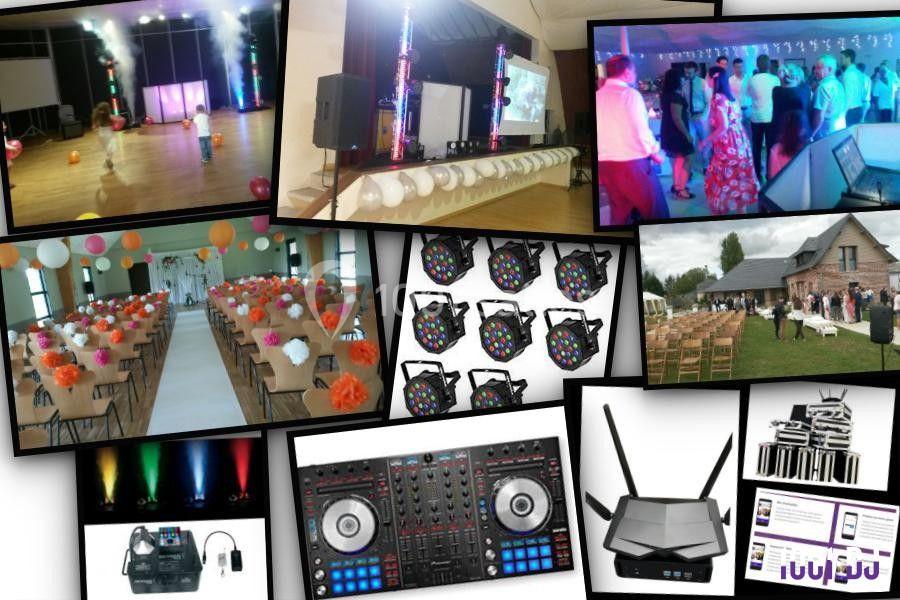 Montage d'images montrant des équipements de sonorisation, d'éclairage et des salles décorées pour des événements festifs.