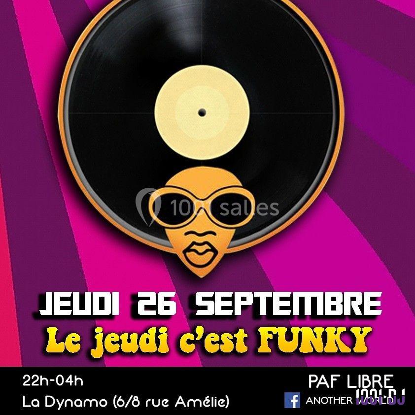Illustration d'un disque vinyle avec un visage stylisé et des informations sur une soirée funky le 26 septembre.