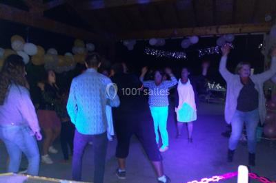 Miniature DJ Toulouse (Haute-Garonne) - DJ Chouchou #18 Des personnes dansent sous un abri décoré de ballons et guirlandes lumineuses, dans une ambiance festive nocturne.