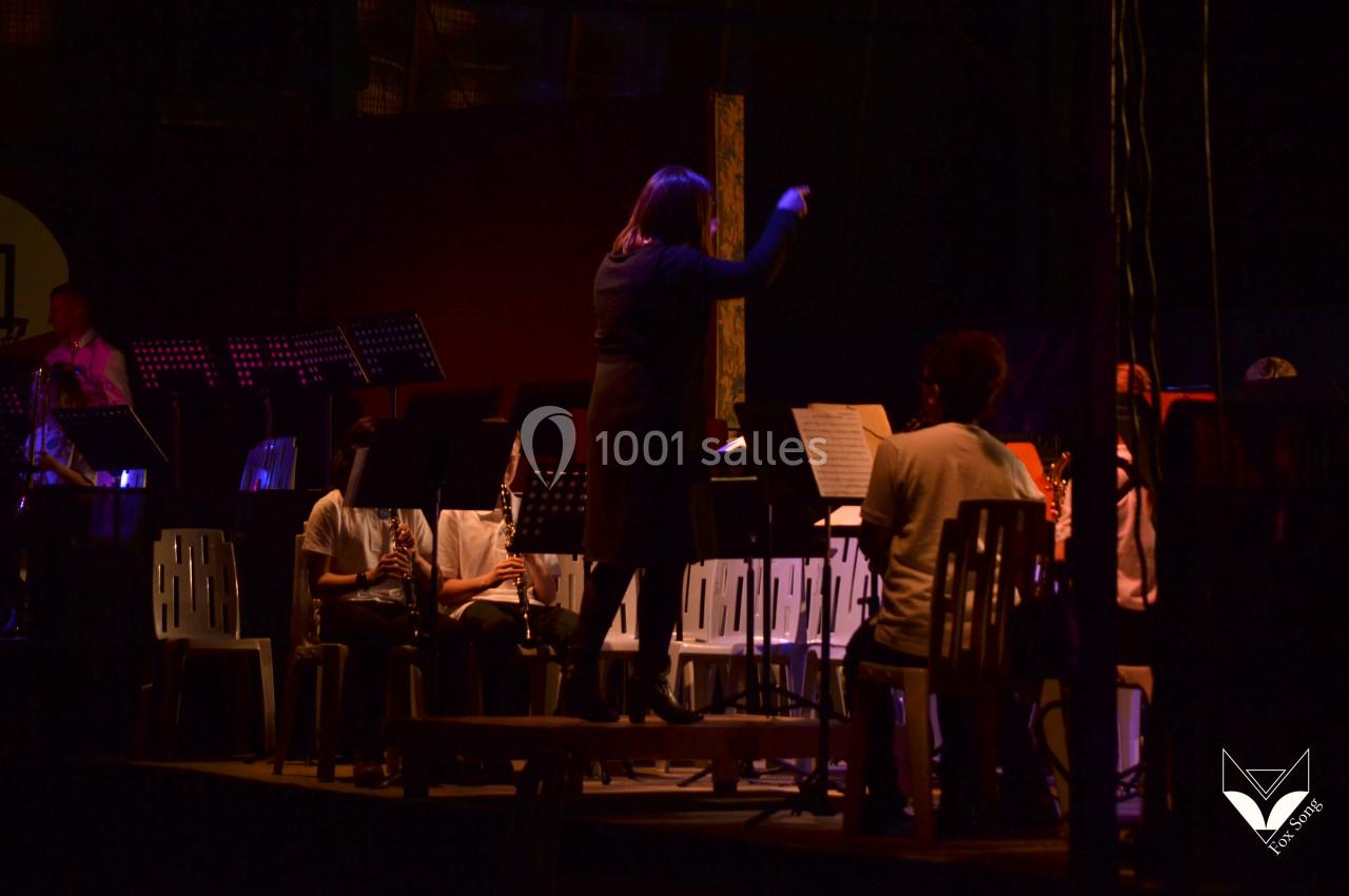 Une cheffe d'orchestre dirige un groupe de musiciens assis sur scène dans une ambiance sombre et éclairée.