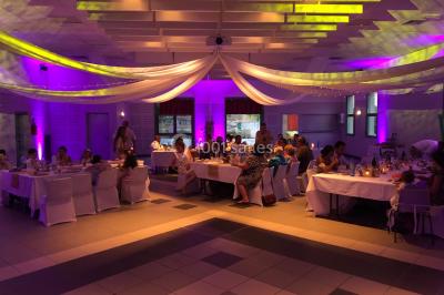 Miniature DJ Le Val (Var) - Enjoy-Your-Event #32 Personnes discutant dans une salle éclairée de lumières bleues, avec tables de buffet et décoration festive.