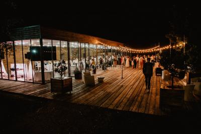 Des personnes dansent et lèvent les bras dans une ambiance festive, éclairée par des lumières colorées.