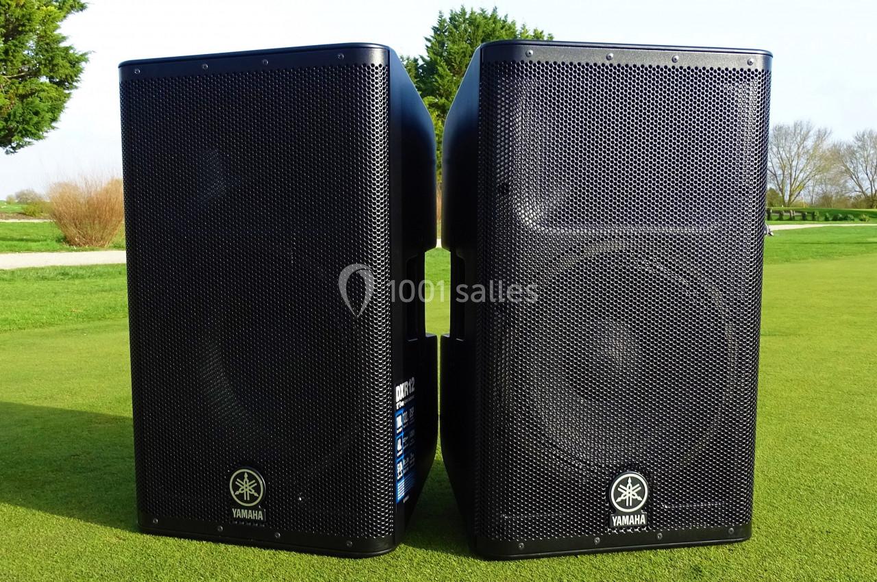 Deux enceintes noires posées sur une pelouse, avec un arrière-plan de végétation et d'arbres.