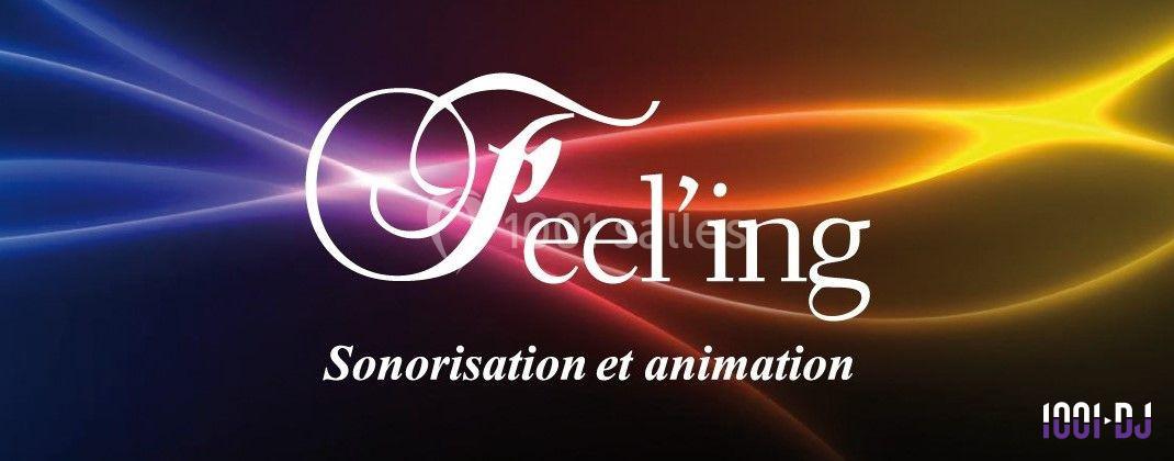 Texte alternatif : Logo ’Feel'ing’ avec le slogan ’Sonorisation et animation’ sur un fond lumineux aux dégradés colorés.